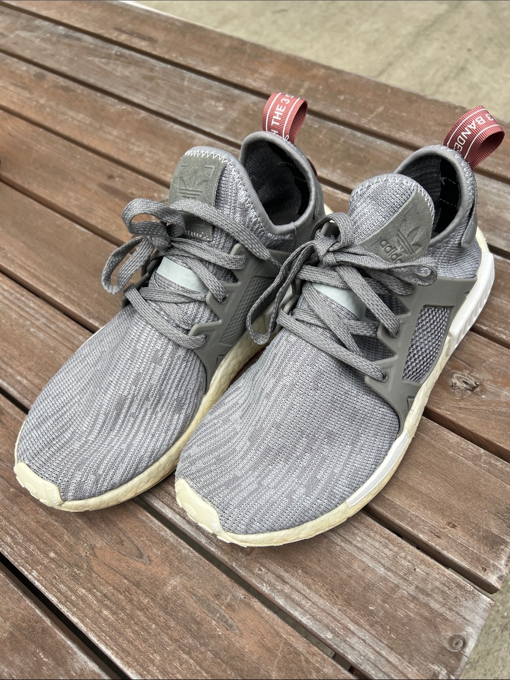 adidas Men’s Grey Knit Lace-Up Sneakers with Red Heel Tabs
